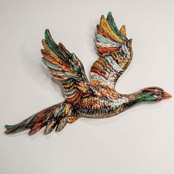 Vintage Hand Painted Flying Pheasant Chalkware Wall Art w/ Drip Glaze Finish - Picture 5 of 8